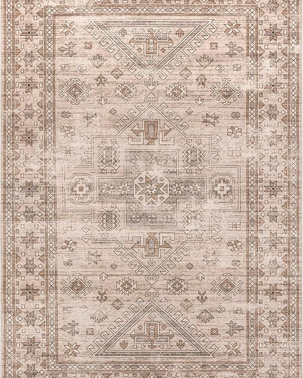 nuLOOM Amie Persian Border Machine Washable Ultra Thin Area Rug, 4' x 6', Light Brown - LeafyLoom