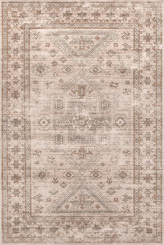 nuLOOM Amie Persian Border Machine Washable Ultra Thin Area Rug, 4' x 6', Light Brown - LeafyLoom