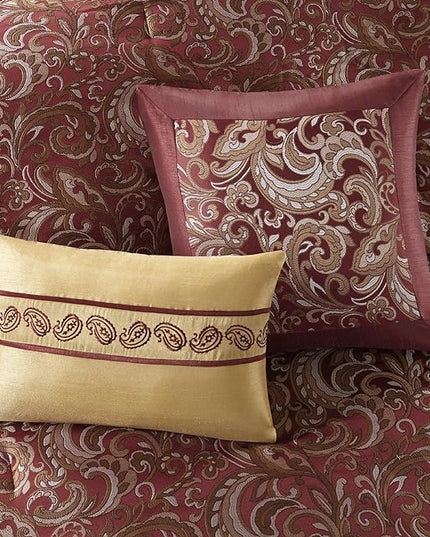 Madison Park Essentials Brystol 24 Piece Room in a Bag Faux Silk Comforter Jacquard Paisley Design Matching Curtains Down Alternative Hypoallergenic All Season Bedding-Set, King (104 in x 92 in), Red - LeafyLoom