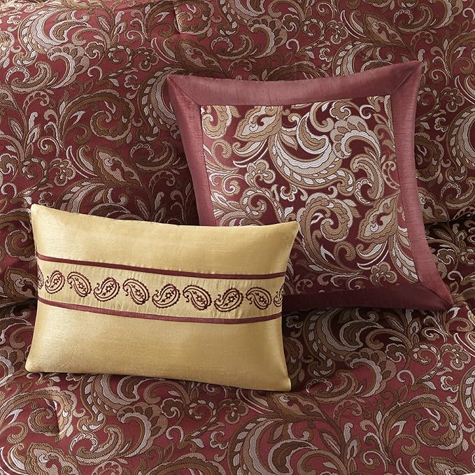 Madison Park Essentials Brystol 24 Piece Room in a Bag Faux Silk Comforter Jacquard Paisley Design Matching Curtains Down Alternative Hypoallergenic All Season Bedding-Set, Queen (90 in x 90 in), Red - LeafyLoom