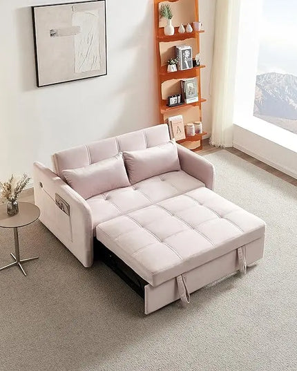 Velvet Tufted Convertible Pull Out Sofa Bed , 3 in 1 Multi-Functional Futon Lounge Chair Sleeper Couch Bed, Pullout Sofá with Adjustable Backrest and USB Ports for Living Room Small Space Apartment - LeafyLoom