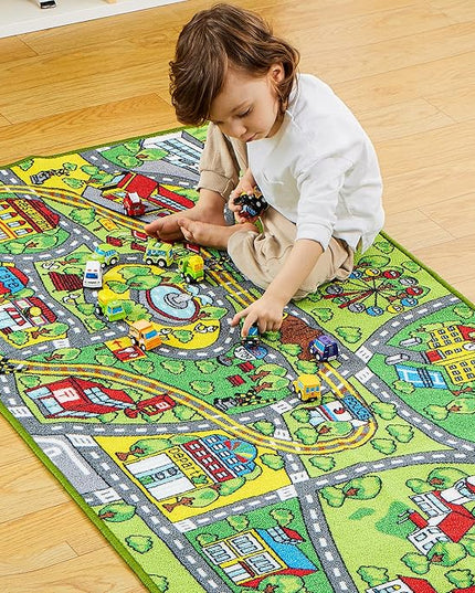 JOYIN Carpet Playmat w/ 12 Cars Pull-Back Vehicle Set for Kids Age 3+, Jumbo Play Room Rug, City Pretend Play - LeafyLoom