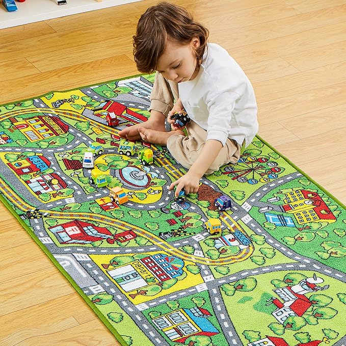 JOYIN Carpet Playmat w/ 12 Cars Pull-Back Vehicle Set for Kids Age 3+, Jumbo Play Room Rug, City Pretend Play - LeafyLoom