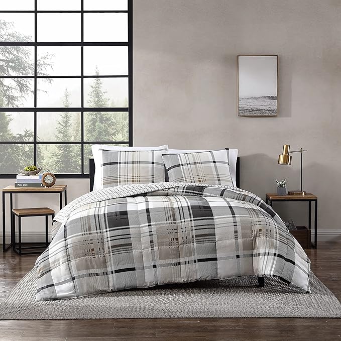 Eddie Bauer - Twin Comforter Set, Plaid Reversible Bedding, Stylish & Warm Home Decor (Normandy Grey, Twin),Grey/White/Beige - LeafyLoom