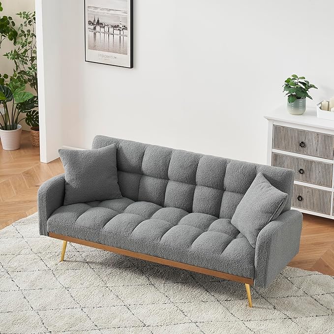 Fabric Teddy Fleece Folding Futon Sofa Bed w/Adjustable Backrests, 2 Seater Tufted Convertible Lounge Couch Recliner Loveseat with Metal Golden Legs for Living Room, Office,Bedroom, Gray 69" - LeafyLoom