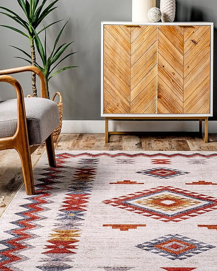 nuLOOM Jayde Machine Washable Southwestern Diamond Ultra Thin Area Rug, 4x6, Beige - LeafyLoom