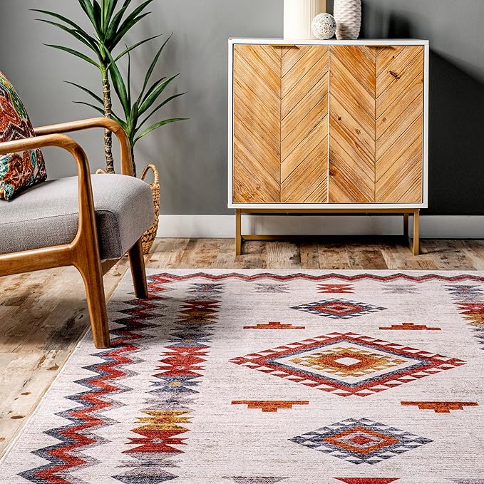 nuLOOM Jayde Machine Washable Southwestern Diamond Ultra Thin Area Rug, 5' x 8', Beige - LeafyLoom