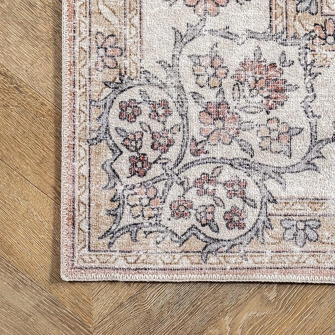 nuLOOM Ren Vintage Floral Machine Washable Ultra Thin Accent Rug, 2x3, Peach - LeafyLoom
