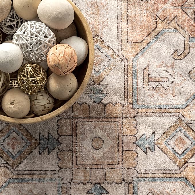 nuLOOM Dawson Machine Washable Distressed Medallion Ultra Thin Runner Rug, 2' 6" x 8', Peach - LeafyLoom