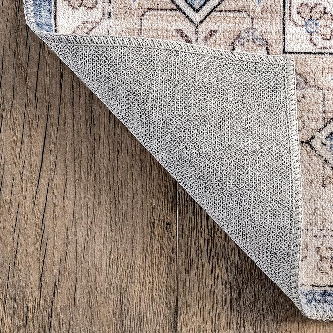 nuLOOM Shae Faded Persian Bordered Machine Washable Ultra Thin Area Rug, 4' x 6', Blue - LeafyLoom
