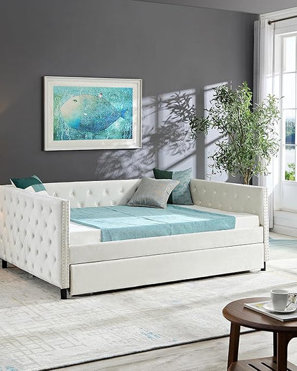 Velvet Upholstered Full Size Daybed with Twin Trundle, Solid Wooden Sofa Bed Frame w/Button Tufted Backrest, No Box Spring Needed, for Bedroom, Living, Guest Room - LeafyLoom
