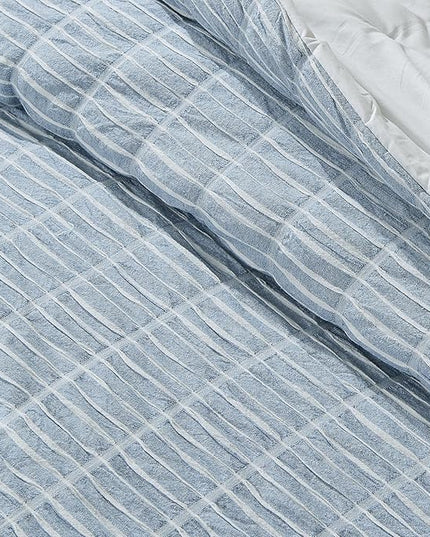 Full/Queen 100% Cotton Comforter Set | Blue Puckered Striped Down Alternative Comforter | All Season, Linen-Like, Textured 3 Piece Bedding Comforter Set (Full/Queen, Blue) - LeafyLoom