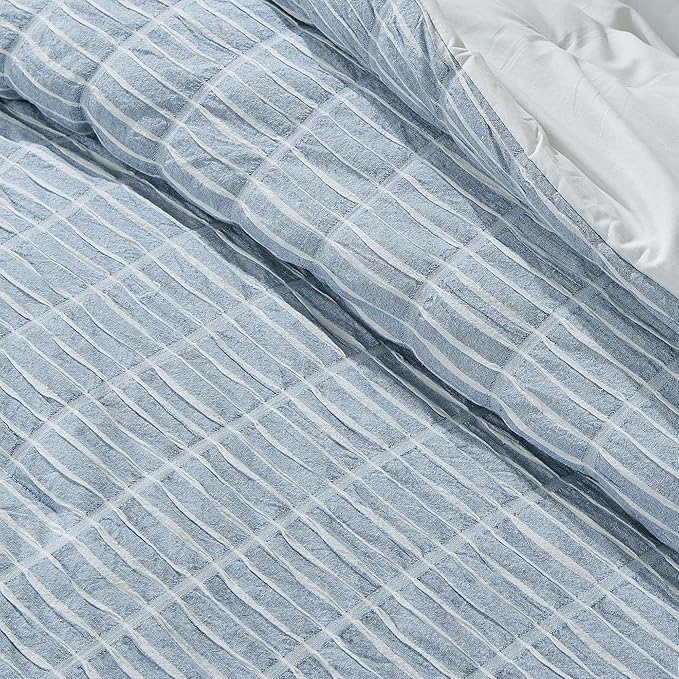 Full/Queen 100% Cotton Comforter Set | Blue Puckered Striped Down Alternative Comforter | All Season, Linen-Like, Textured 3 Piece Bedding Comforter Set (Full/Queen, Blue) - LeafyLoom