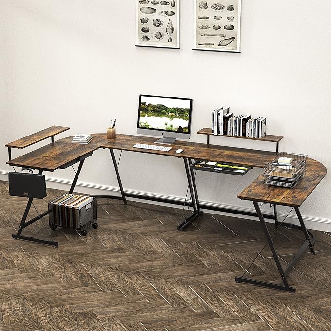 SHW Vista L-Shape Desk with Monitor Stand, Rustic Brown - LeafyLoom