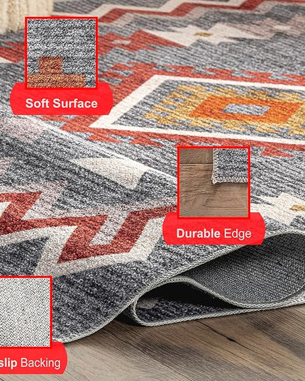 nuLOOM Jayde Machine Washable Southwestern Diamond Ultra Thin Area Rug, 4' x 6', Grey - LeafyLoom