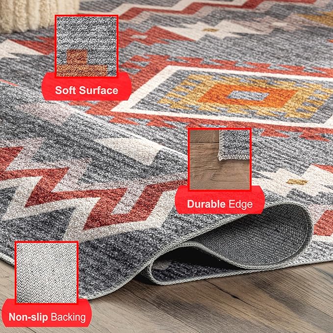 nuLOOM Jayde Machine Washable Southwestern Diamond Ultra Thin Area Rug, 4' x 6', Grey - LeafyLoom