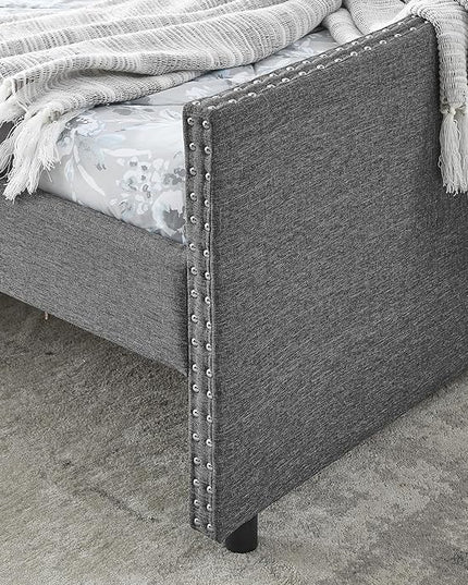 Queen Size Daybed with Two Storage Drawers, Linen Upholstered Tufted Sofa Bed w/Button on Back and Copper Nail on Waved Shape Arms, for Bedroom Living Room, No Box Spring Needed, Dark Grey - LeafyLoom