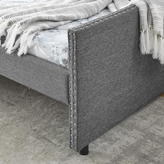 Queen Size Mid-Century Daybed, 2 Storage Drawers,Linen Button Upholstered Tufted Bed, Copper Nail on Waved Shape Arms, No Box Spring Needed,for Bedroom, Livingroom - LeafyLoom