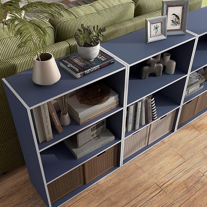 Apexa 3-Tier Cube Storage Organizer Shelves, Stackable Wood Bookcase Fits Cubby Bins for Organization, Dorm Teen Room Decor & Home Office, Steel Blue - LeafyLoom