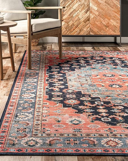 nuLOOM Francis Persian Medallion Machine Washable Ultra Thin Area Rug, 4' x 6', Blue - LeafyLoom