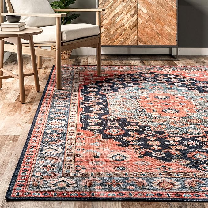 nuLOOM Francis Persian Medallion Machine Washable Ultra Thin Area Rug, 4' x 6', Blue - LeafyLoom