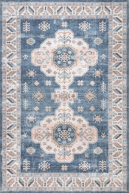 nuLOOM Norma Machine Washable Traditional Medallion Ultra Thin Area Rug, 6' x 9', Blue - LeafyLoom
