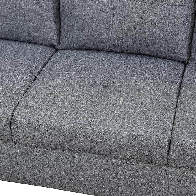 ROOMTEC Button Modern L Shape Sectional Sofa Set, Upholstered Corner Couch with Storage Ottoman, Linen Tufted Cushions, for Living Room, Apartment, 97inch, Grey w/Right Chaise Lounge - LeafyLoom