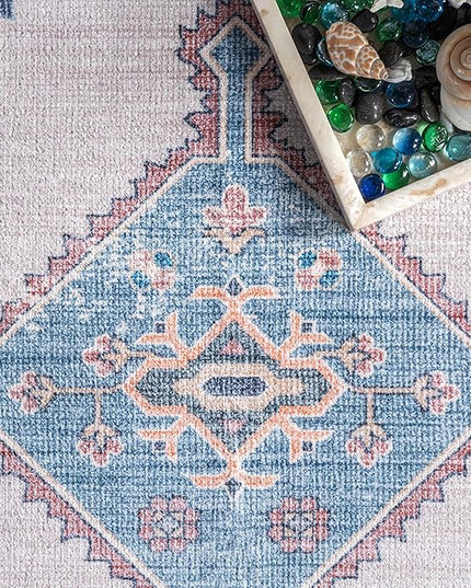 nuLOOM Olga Machine Washable Distressed Vintage Medallion Ultra Thin Area Rug, 8' x 10', Blue - LeafyLoom