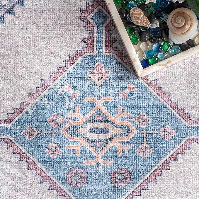 nuLOOM Olga Machine Washable Distressed Vintage Medallion Ultra Thin Area Rug, 8' x 10', Blue - LeafyLoom