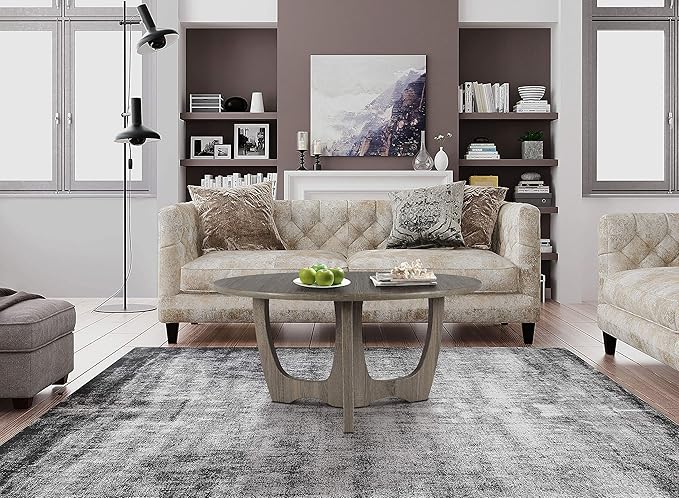 FINECASA Wooden Coffee Table, Curved Leg Coffee Table, Round Coffee Table for Living Room, Accent Couch,Home Decoration, Living Room Tables, 36 x 18 Inches, Grey - LeafyLoom