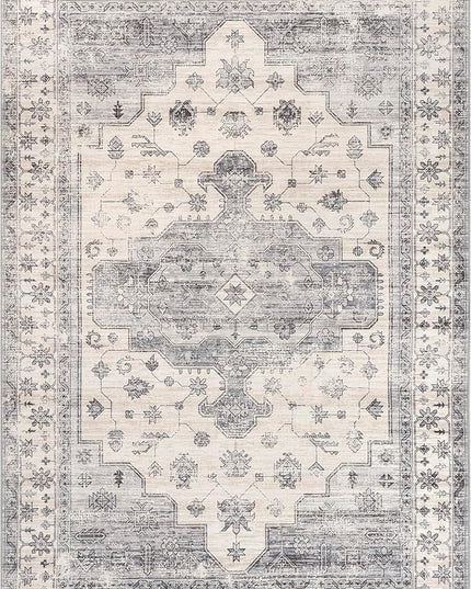 nuLOOM 8x10 Machine Washable Rain Haven Vintage Medallion Area Rug, Light Grey, Traditional Faded Design, Non-Slip Backing, Stain Resistant, For Bedroom, Dining Room, Living Room, Kitchen - LeafyLoom