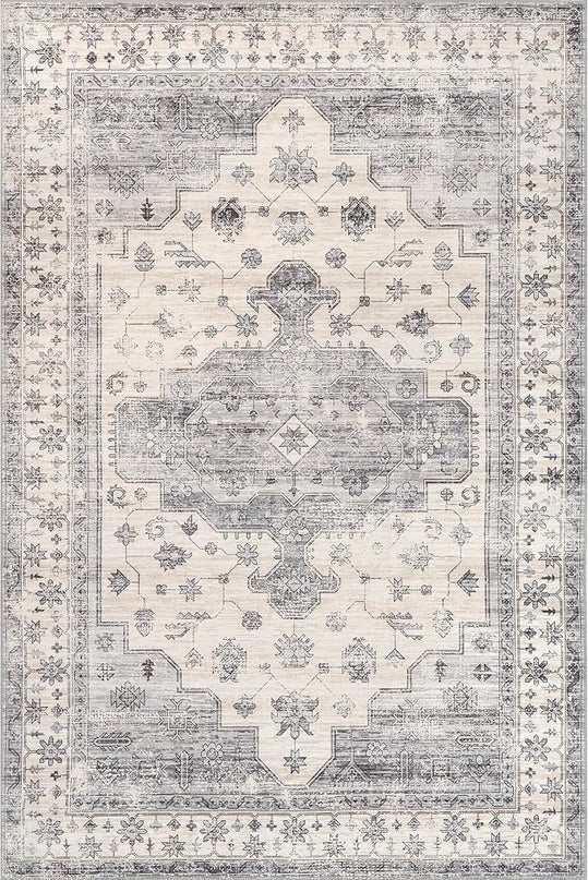 nuLOOM 8x10 Machine Washable Rain Haven Vintage Medallion Area Rug, Light Grey, Traditional Faded Design, Non-Slip Backing, Stain Resistant, For Bedroom, Dining Room, Living Room, Kitchen - LeafyLoom