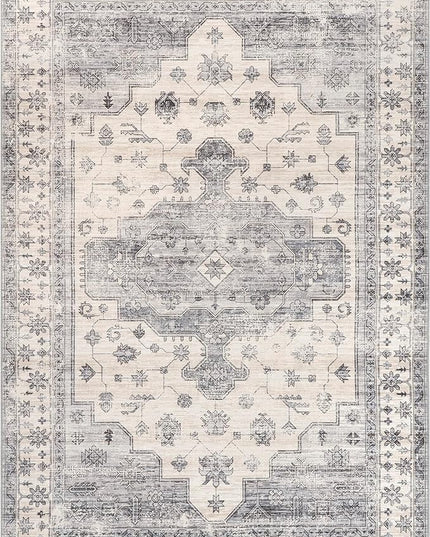 nuLOOM 4x6 Machine Washable Rain Haven Vintage Medallion Area Rug, Light Grey, Traditional Faded Design, Non-Slip Backing, Stain Resistant, For Bedroom, Dining Room, Living Room, Kitchen - LeafyLoom
