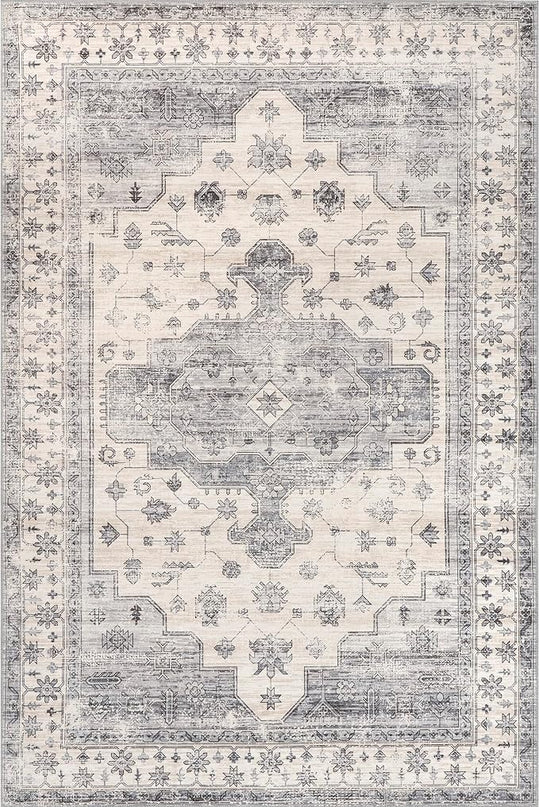 nuLOOM 4x6 Machine Washable Rain Haven Vintage Medallion Area Rug, Light Grey, Traditional Faded Design, Non-Slip Backing, Stain Resistant, For Bedroom, Dining Room, Living Room, Kitchen - LeafyLoom