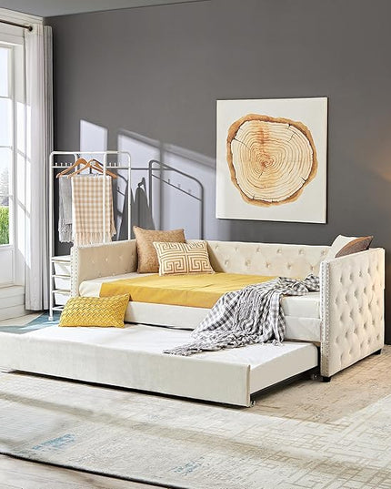 Velvet Upholstered Twin Size Daybed with Twin Trundle, Solid Wooden Sofa Bed Frame w/Button Tufted Backrest, No Box Spring Needed, for Bedroom, Living, Guest Room - LeafyLoom