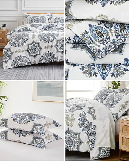 Southshore Fine Living, Inc. Oversized Full/Queen Comforter Bedding Set, Down Alternative Boho Bedspread, Paisley Floral Print Comforter, Full Size/Queen with 2 Matching Shams, Blue on White - LeafyLoom