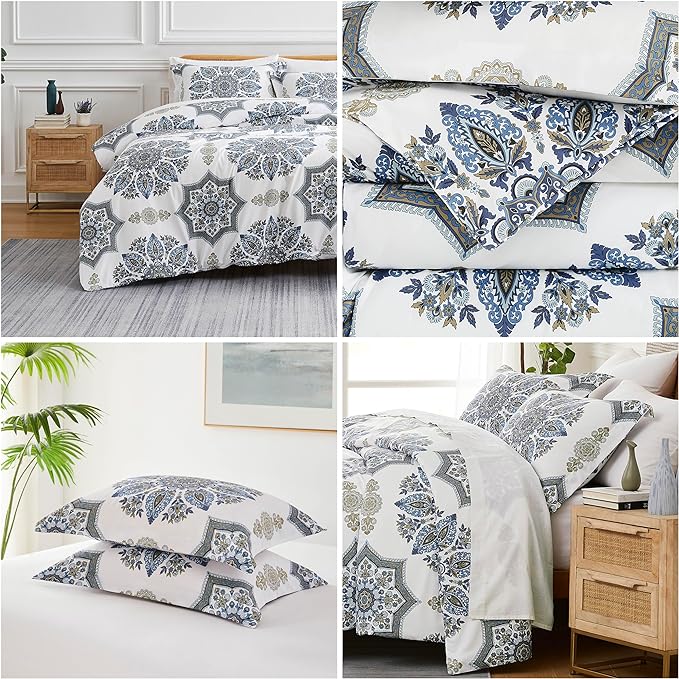 Southshore Fine Living, Inc. Oversized Full/Queen Comforter Bedding Set, Down Alternative Boho Bedspread, Paisley Floral Print Comforter, Full Size/Queen with 2 Matching Shams, Blue on White - LeafyLoom