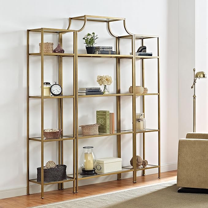 Crosley Furniture Aimee 3-Piece Etagere Bookcase Set - Gold and Glass - LeafyLoom
