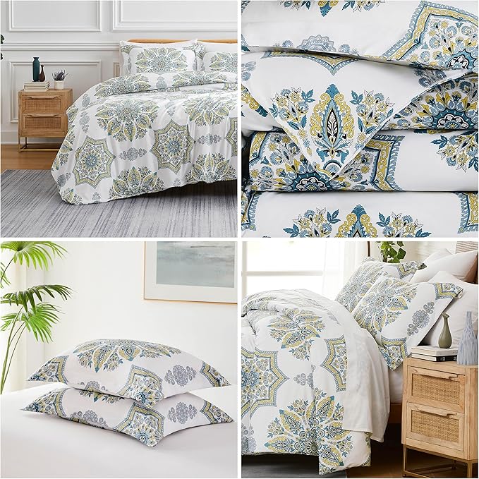 Southshore Fine Living, Inc. Oversized Full/Queen Comforter Bedding Set, Down Alternative Boho Bedspread, Paisley Floral Print Comforter, Full Size/Queen with 2 Matching Shams, Aqua on White - LeafyLoom