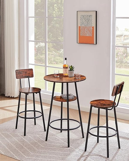 NicBex Small Dining Table for 2 Kitchen Table Set Round Bar Stool Set with Shelves, Stool with Backrest for Kitchen, Dining Room, Small Space, Extra Storage Rack, Rustic Brown - LeafyLoom