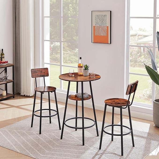 NicBex Small Dining Table for 2 Kitchen Table Set Round Bar Stool Set with Shelves, Stool with Backrest for Kitchen, Dining Room, Small Space, Extra Storage Rack, Rustic Brown - LeafyLoom