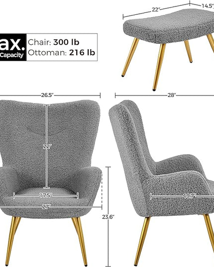 Yaheetech Accent Chair and Ottoman Set, Sherpa Armchair with Golden Metal Legs and High Back, Footstool for Living Room, Lounge, Gray - LeafyLoom