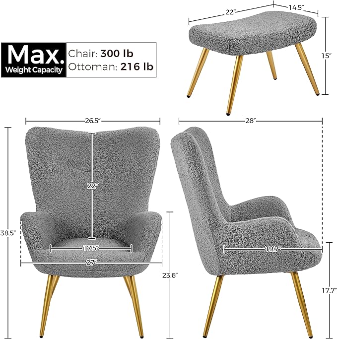 Yaheetech Accent Chair and Ottoman Set, Sherpa Armchair with Golden Metal Legs and High Back, Footstool for Living Room, Lounge, Gray - LeafyLoom