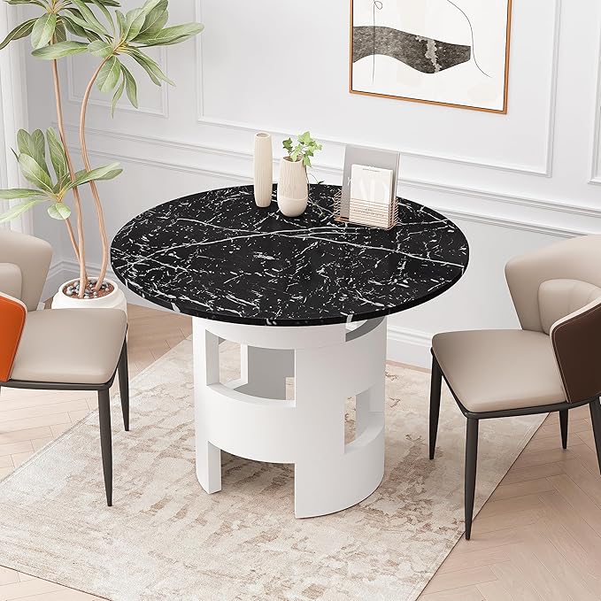 NicBex Dining Table Contemporary Kitchen Table Farmhouse Rustic 42.12" Round Dining Table with Printed Black Marble Table Top for Dining Room, Kitchen, Living Room, Round Dining Table, Black + White - LeafyLoom