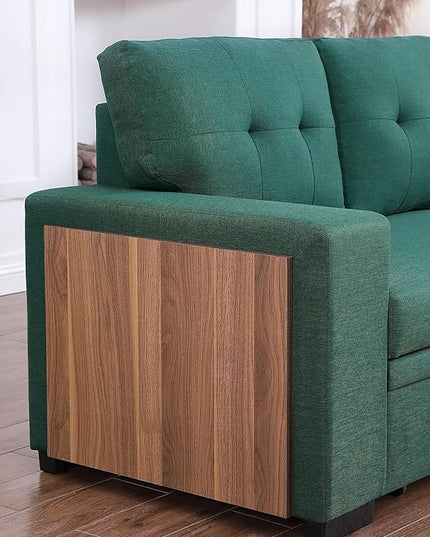 RITSU L Shape Sectional Sofa Pull Out Sleeper Bed with Storage, Reversible Couch w/Side Shelf and USB Charging Port, Linen Upholstered Tufted Cushion, for Living Room,Bedroom, Green, 92 inch - LeafyLoom