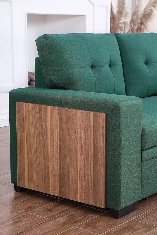 L Shaped Sectional Sofa Storage Chaise, Upholstered Convertible Couch Pull Out Sleeper Bed, Armrest with Hidden Shelves, USB Port & Cup Holder for Living Room Apartment, Green, 92 - LeafyLoom