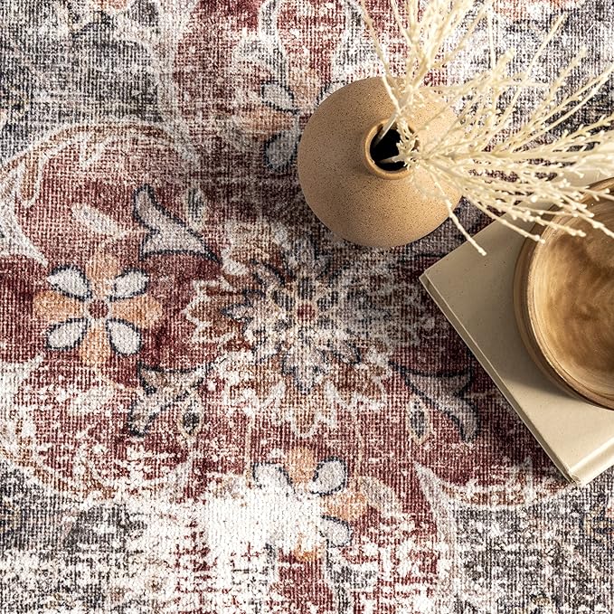 nuLOOM Emelina Traditional Persian Machine Washable Ultra Thin Area Rug, 8' x 10', Red - LeafyLoom