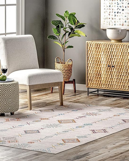 nuLOOM Kiya Machine Washable Moroccan Tribal Geometric Ultra Thin Area Rug, 5' x 8', Light Grey - LeafyLoom