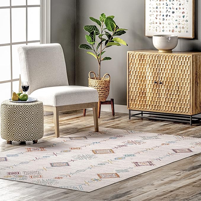 nuLOOM Kiya Machine Washable Moroccan Tribal Geometric Ultra Thin Area Rug, 6' x 9', Light Grey - LeafyLoom