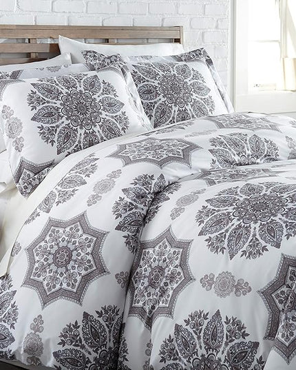 Southshore Fine Living, Inc. Oversized Full/Queen Comforter Bedding Set, Down Alternative Boho Bedspread, Paisley Floral Print Comforter, Full Size/Queen with 2 Matching Shams, Grey on White - LeafyLoom